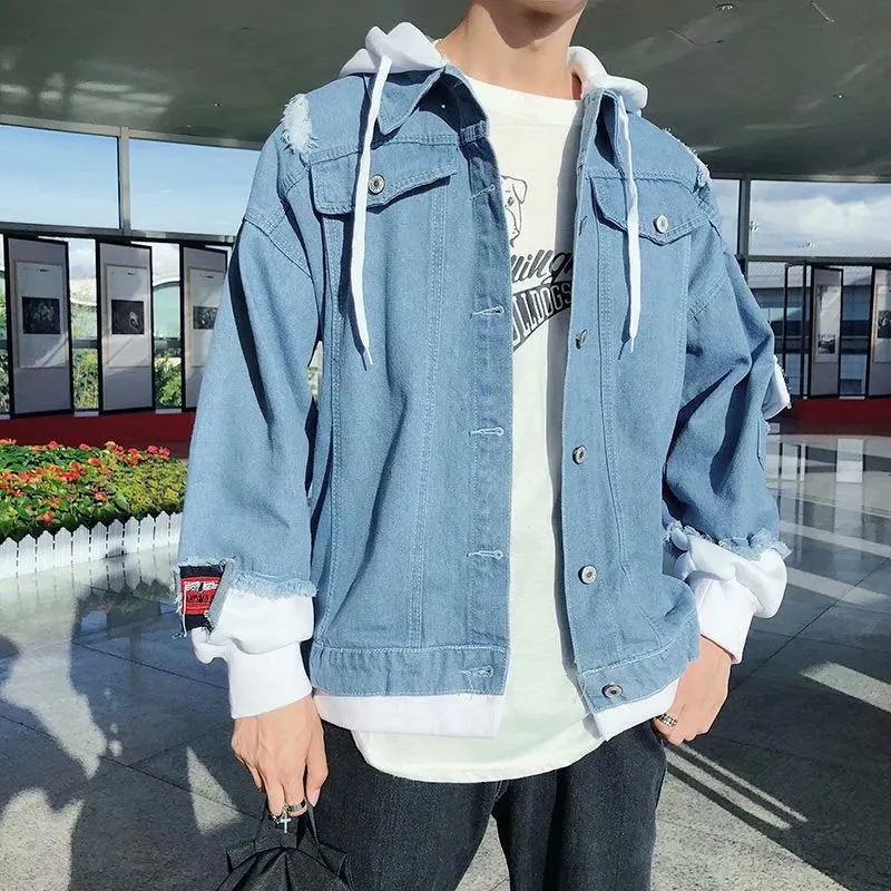 Men Denim Jacket Men's Denim Coat Loose Hooded Spring and Autumn