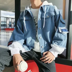 Men Denim Jacket Men's Denim Coat Loose Hooded Spring and Autumn