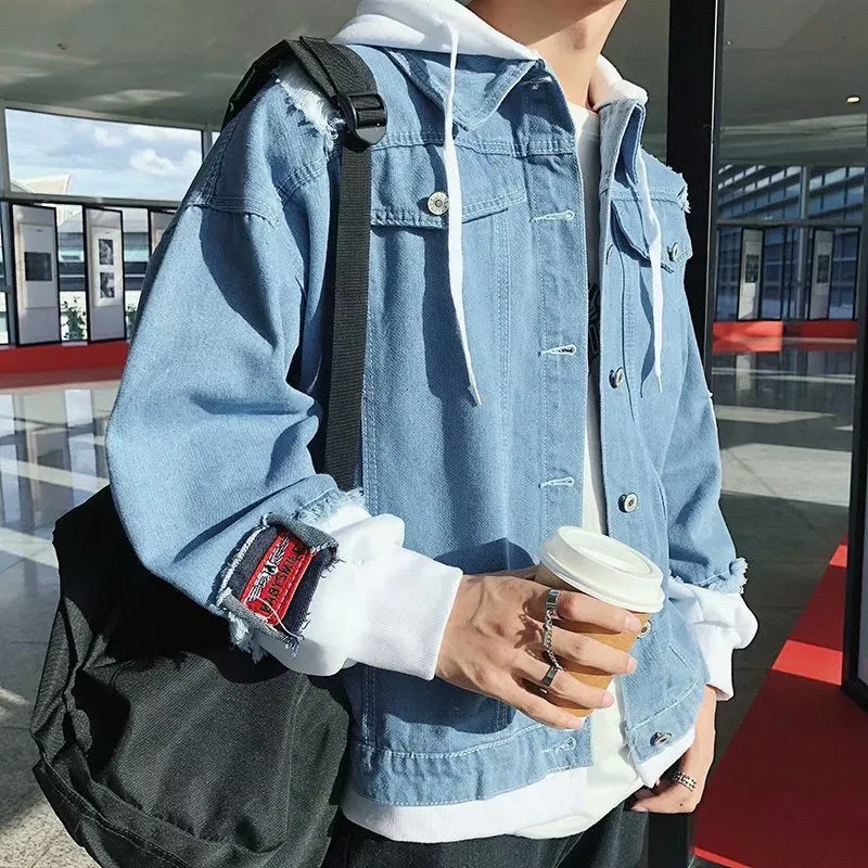 Men Denim Jacket Men's Denim Coat Loose Hooded Spring and Autumn