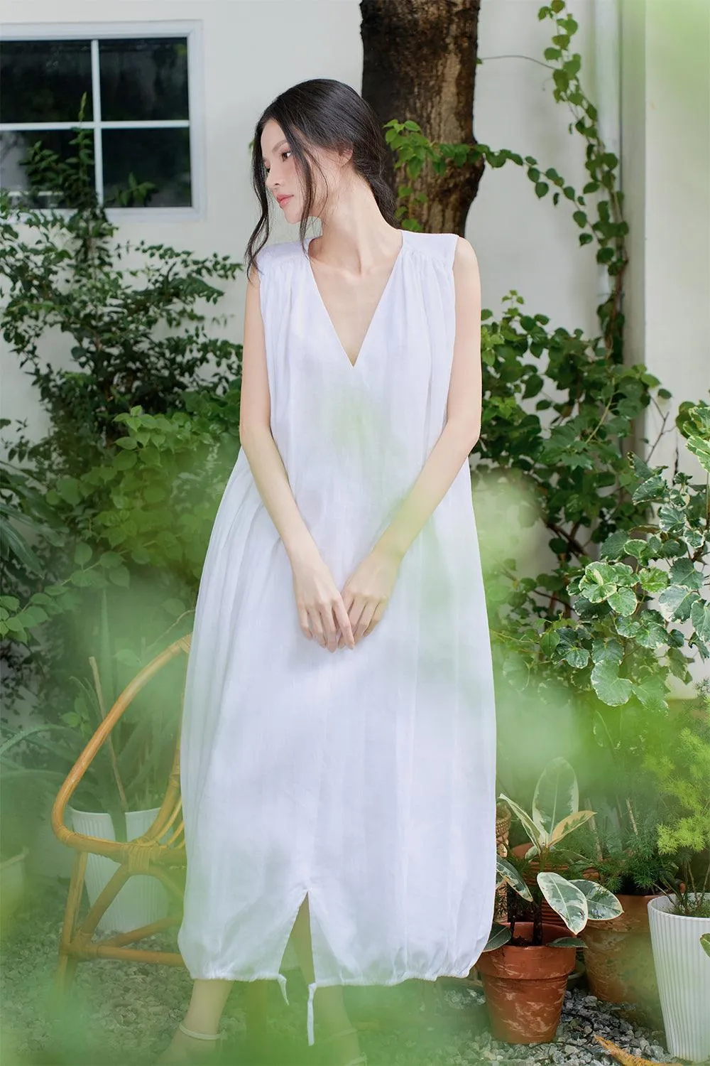 Obi Cocoon V-Neck Linen Midi Dress