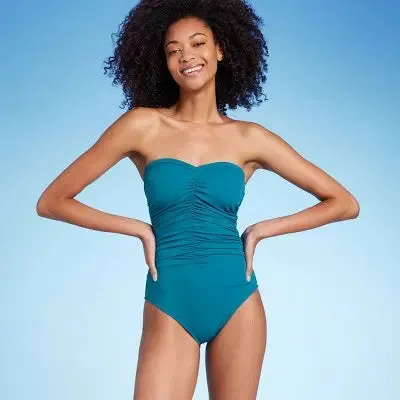 Shade & Shore Women's Shirred Bandeau One Piece Swimsuit Full Coverage