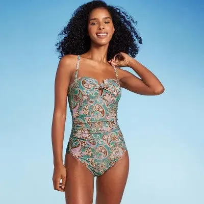 Shade & Shore Women's Shirred Bandeau One Piece Swimsuit Full Coverage