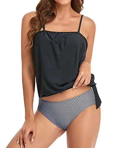 Stylish Blouson Tankini Swimsuits for Women Strapless Two Piece Swimwear for Teens