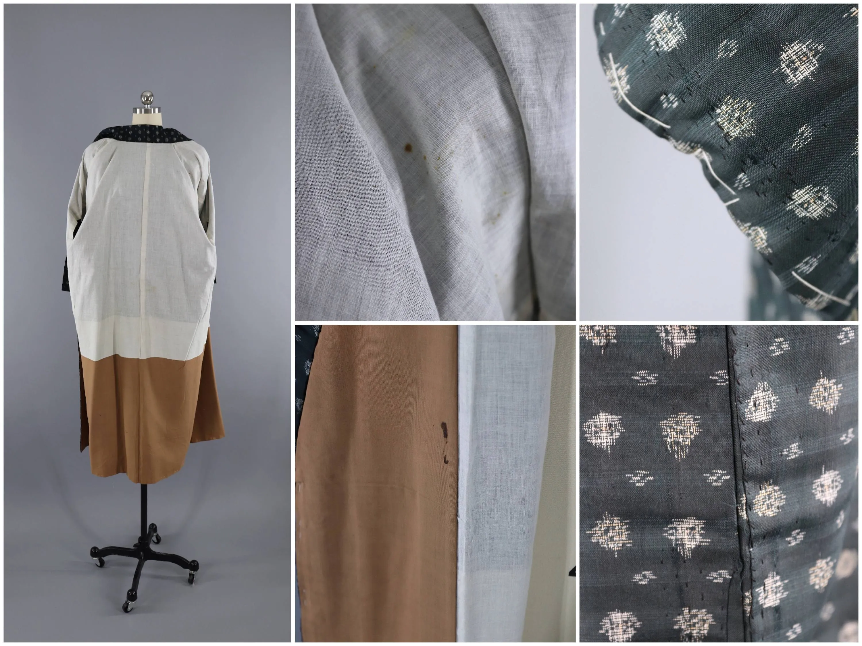 Vintage 1940s Silk Kimono Robe / Black White Meisen Ikat