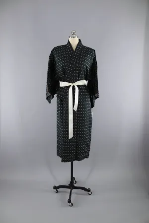 Vintage 1940s Silk Kimono Robe / Black White Meisen Ikat