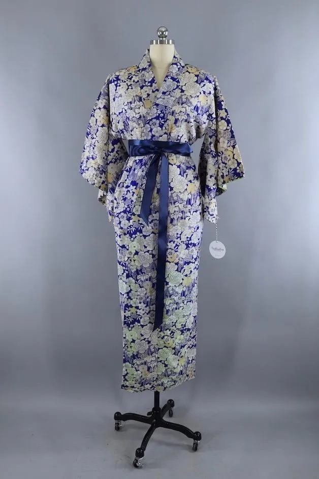 Vintage Cotton Muslin Kimono / Blue Floral Print