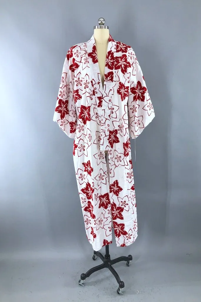Vintage Red & White Cotton Yukata Kimono Robe