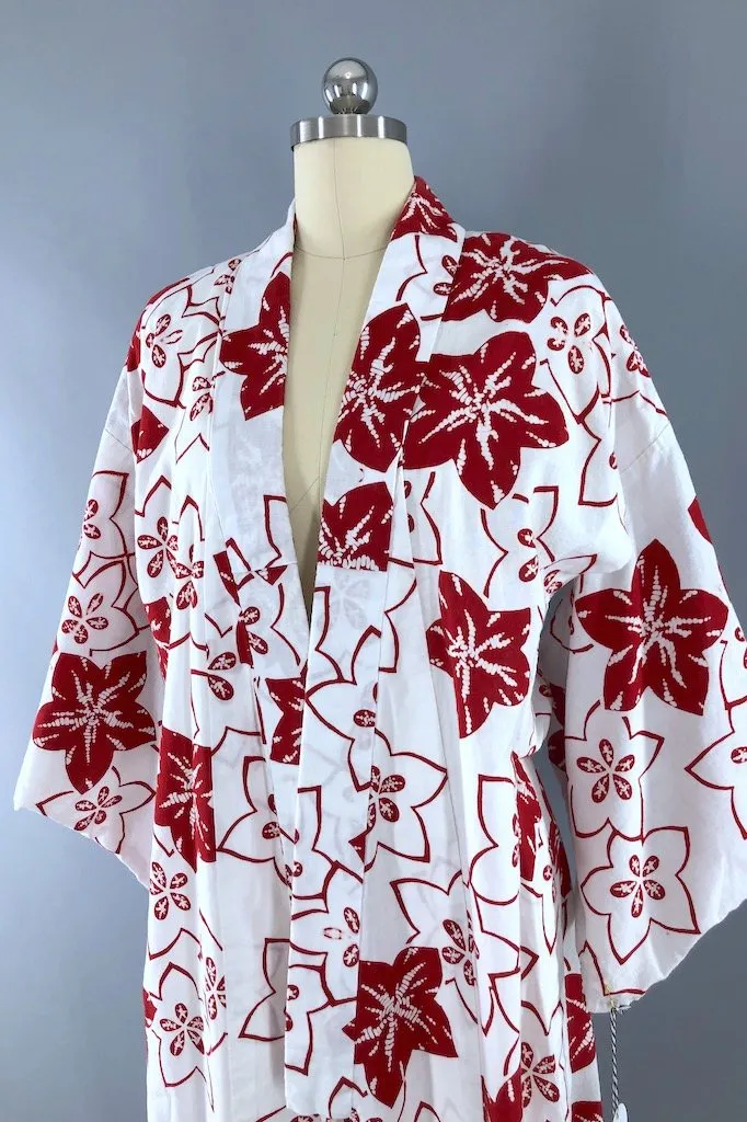 Vintage Red & White Cotton Yukata Kimono Robe