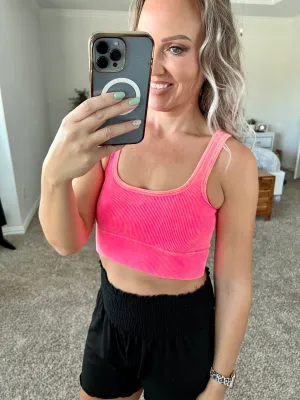 Washed Ribbed Square Neck Cropped Tank Top with Removable Bra Pads