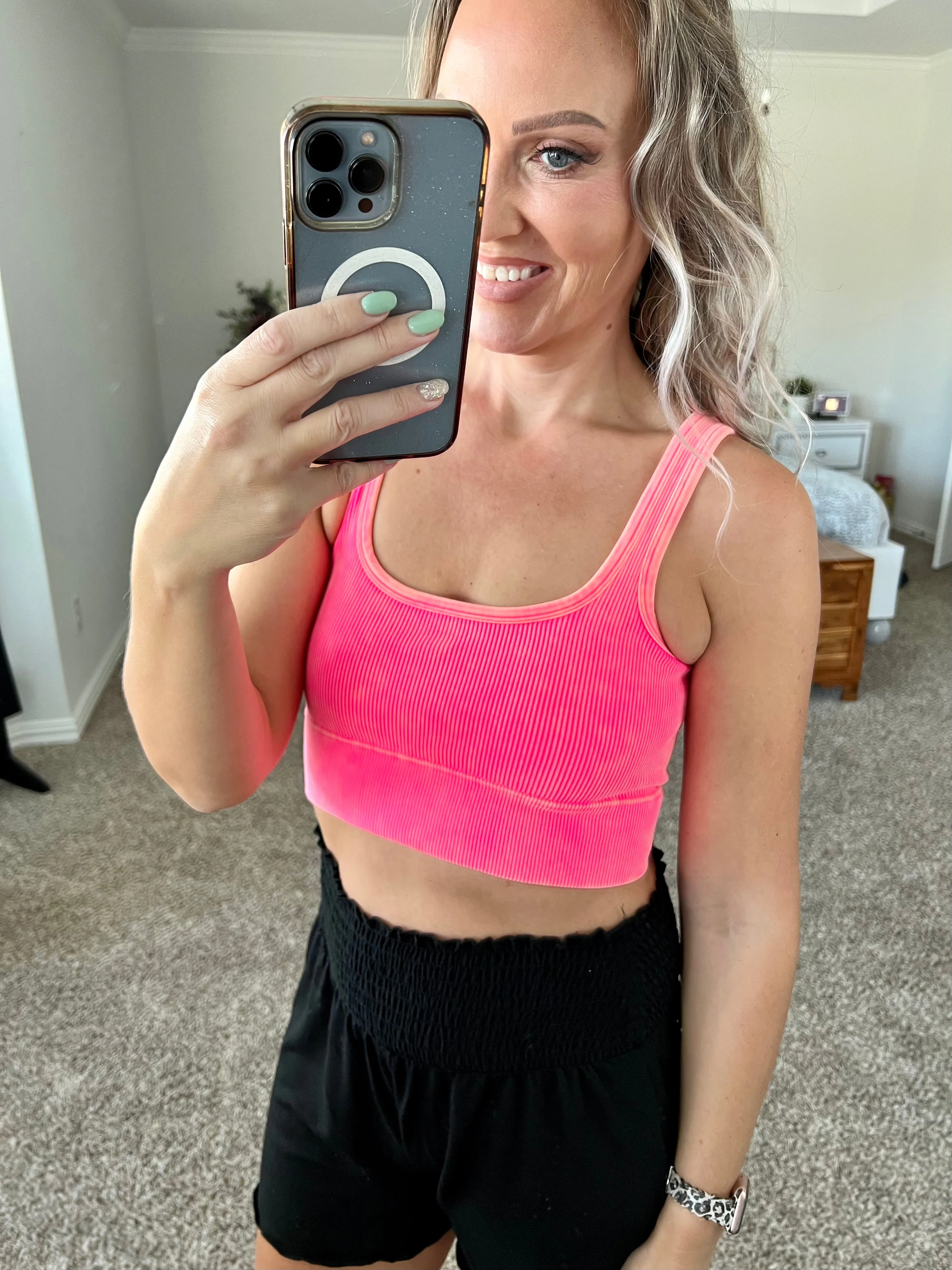 Washed Ribbed Square Neck Cropped Tank Top with Removable Bra Pads
