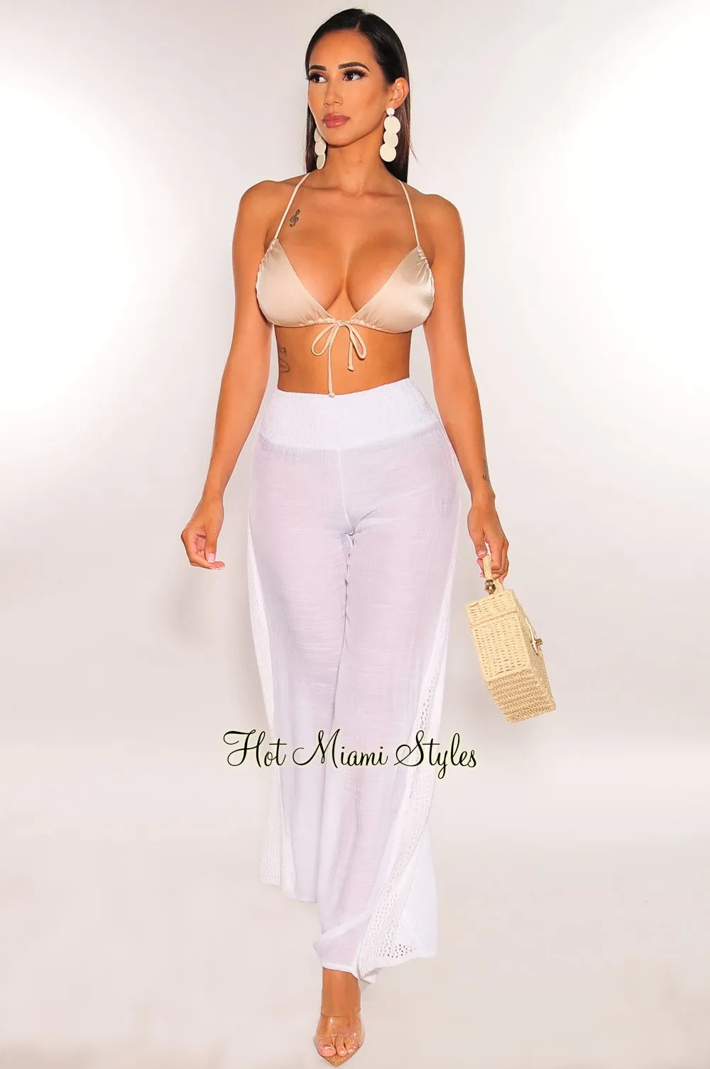 White Linen Crochet Cover Up Pants